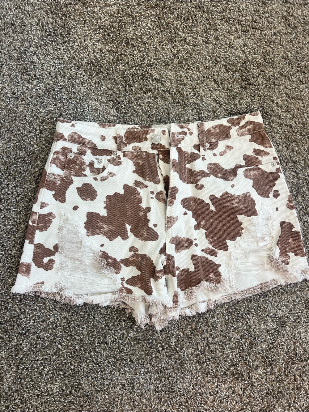 Women's White & Brown Cowprint Distressed Denim Shorts